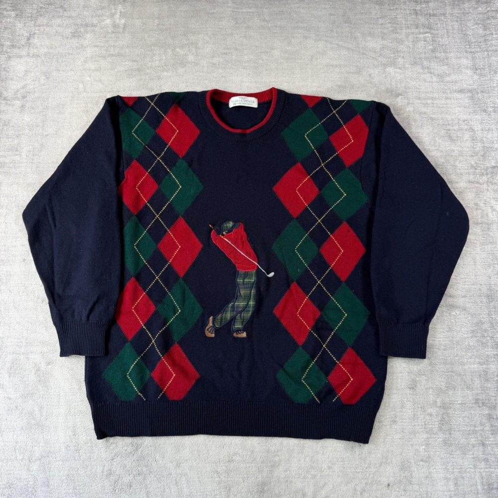 Marks & Spencer Sweater Mens Medium Navy Vintage 90s Argyle Golf Wool Made in UK